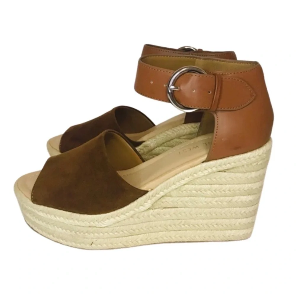 New! Nine West Espadrille Faux Suede Faux Leather Straw Wedge Platform Sandals